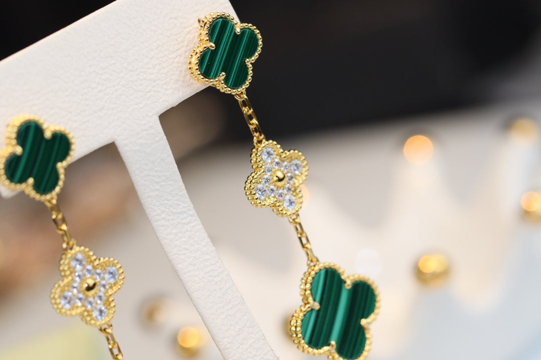 ¡®Star¡¯CLOVER EARRINGS GOLD MALACHITE DIAMOND 3 MOTIF