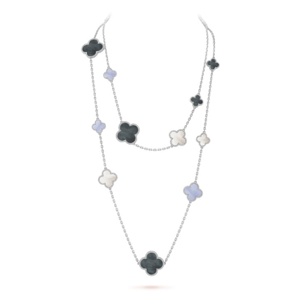 ¡®Star¡¯CLOVER 16 MOTIF CHALCEDONY MOP SILVER NECKLACE