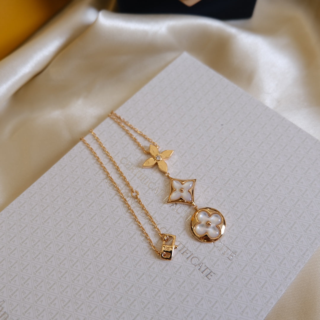 ¡®Star¡¯COLOR BLOSSOM LARIAT NECKLACE PINK GOLD WHITE MOTHER PEARL AND DIAMOND