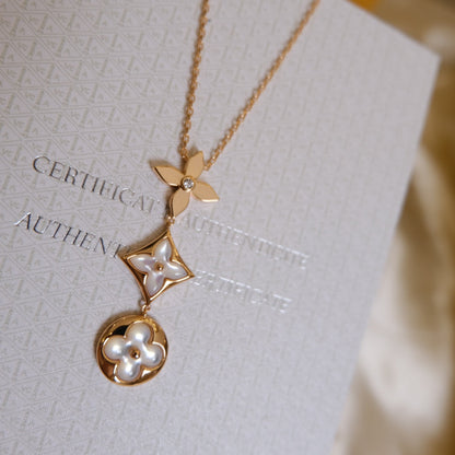 ¡®Moco¡¯COLOR BLOSSOM LARIAT NECKLACE PINK GOLD WHITE MOTHER PEARL AND DIAMOND